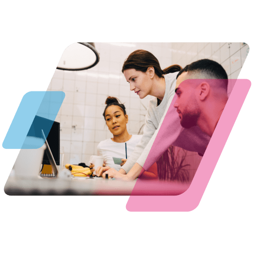 three people looking over a computer surrounded by pink and blue parallelograms