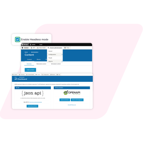 Pink parallelogram with screenshot of acquia's products